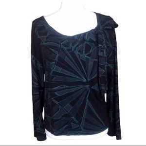 Diesel black diamond printed long sleeve top with tie at neckline size S
